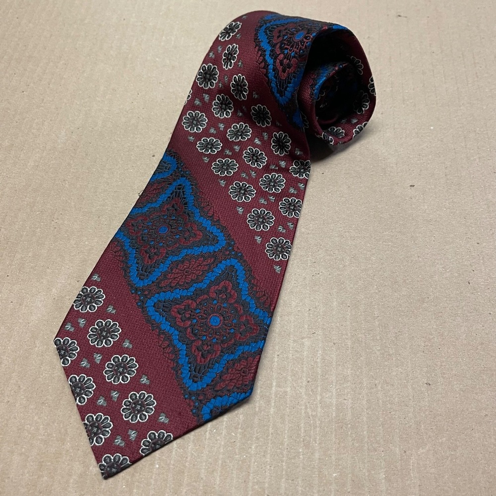 Vintage Teagal Burgundy & Blue Geometric 100% Polyester 4"‎ Tie 70's Retro
